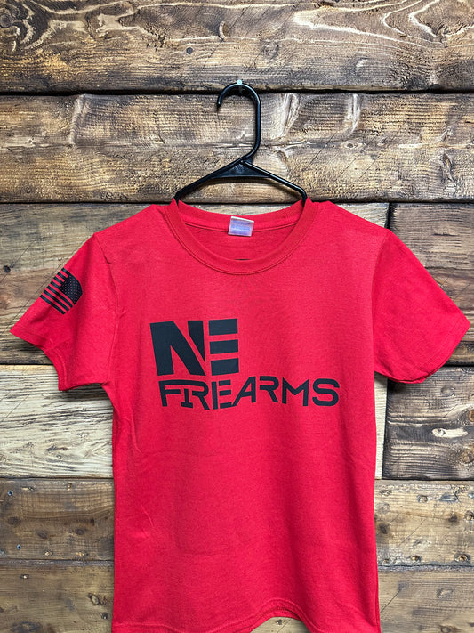 NE Firearms Red T-Shirt with quote I would rather die on my feet than live on my knees”