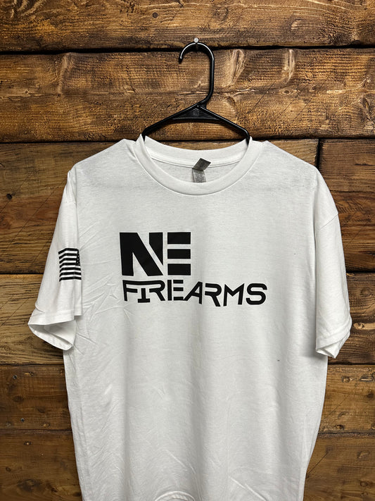NE Firearms White T-Shirt with quote “I would rather die on my feet then live on my knees”